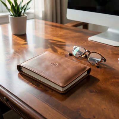 a leather portfolio and glasses on a polished desk