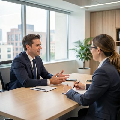 a recruiter interviewing a candidate across a table