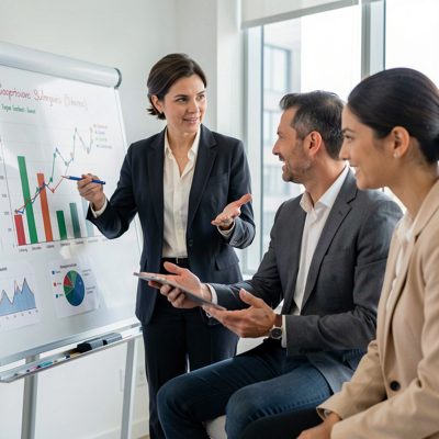 a financial adviser explaining a chart to a couple