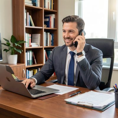 an insurance broker on the phone at a tidy desk