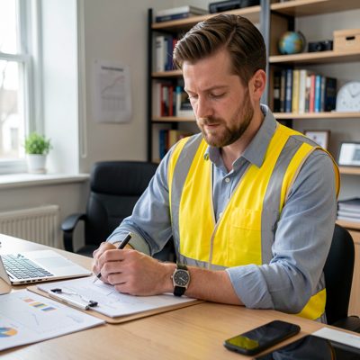 a surveyor writing notes on a clipboard indoors