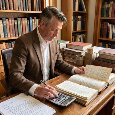 a bookkeeper with a calculator and printed ledgers