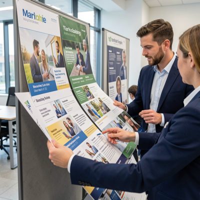 a marketing team reviewing printed campaign boards