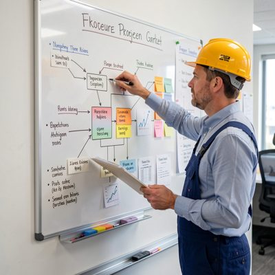 a project manager updating a wall mounted plan
