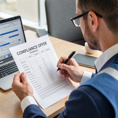 a compliance officer reviewing a printed checklist