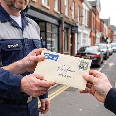 a courier handing over a signed for envelope