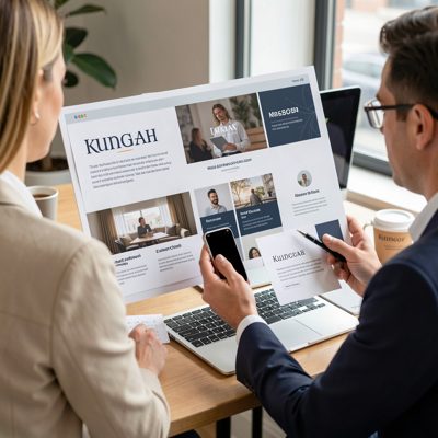 a designer presenting brand boards to a client