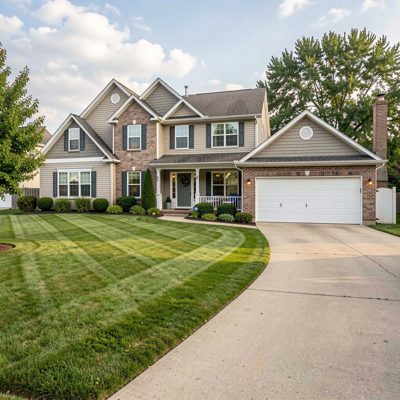 a suburban house with a mown lawn and driveway