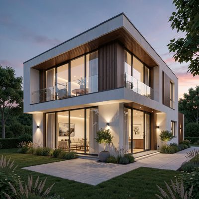 a modern new build with large windows at dusk
