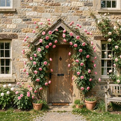 a country cottage with roses around the door
