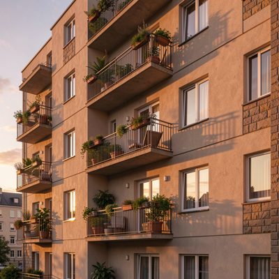 an apartment block balcony façade in evening light