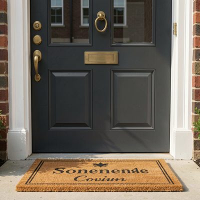 a front door with a brass number and doormat