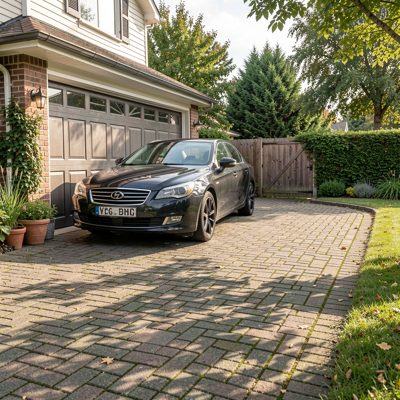 a driveway with a car parked outside a garage