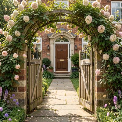 a garden gate opening onto a path to a front door