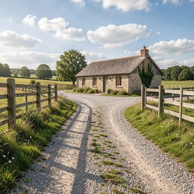a rural property with a gravel drive