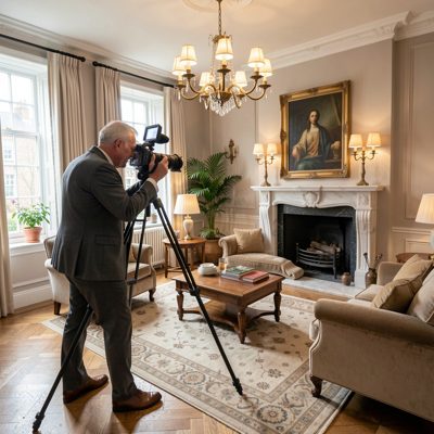 an estate agent photographing a room with a wide lens