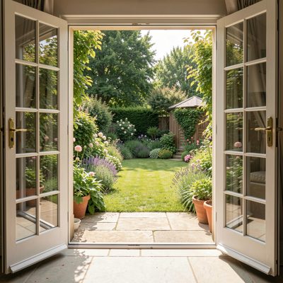 a garden viewed from a rear patio door
