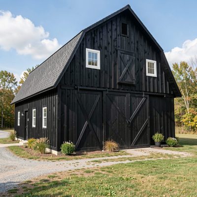 a converted barn exterior with black timber