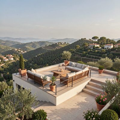 a rooftop of a terrace seen from a hill