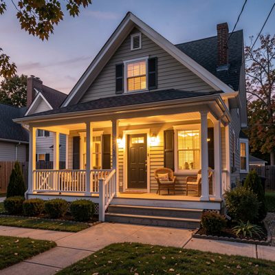 a house with a porch light on at dusk