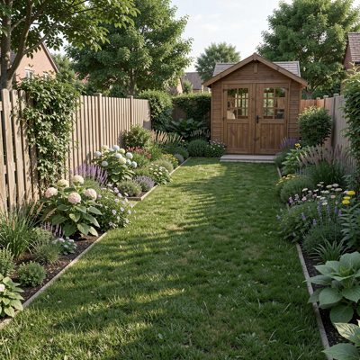 a garden fence and shed at the end of a lawn