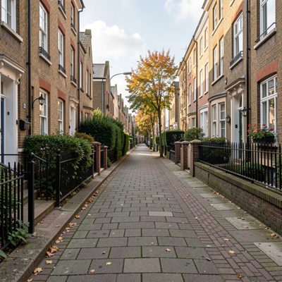 a housing street seen down the pavement