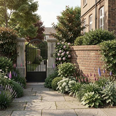 a low wall with a gate and mature planting