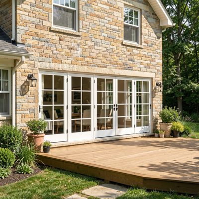 a rear elevation with french doors onto decking