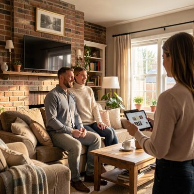 a house being viewed by a male couple with an agent