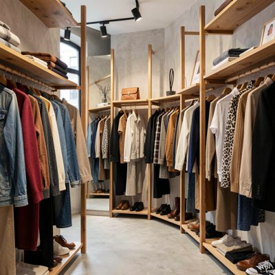 a boutique shop interior with clothes on wooden rails