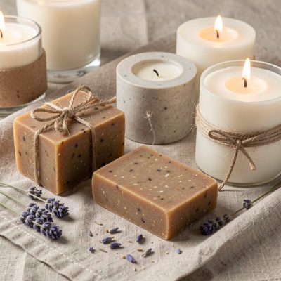 handmade soap and candles arranged on linen