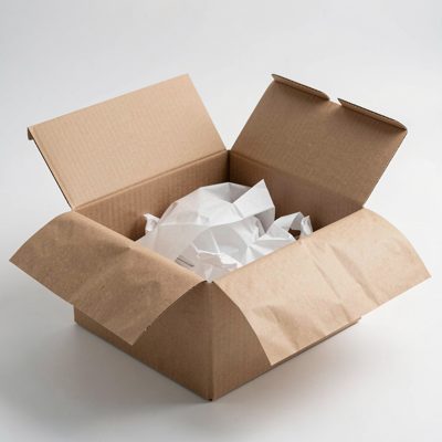 an open cardboard box with tissue paper packaging