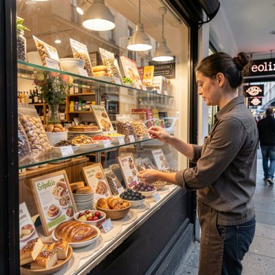 a shopkeeper arranging a window display