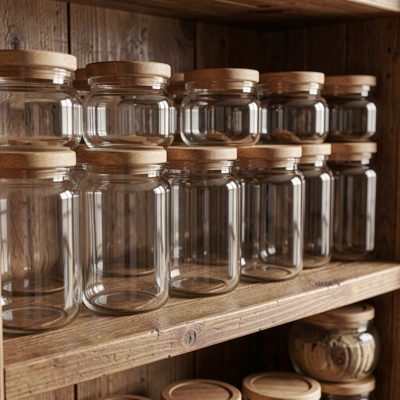a shelf of glass jars with wooden lids