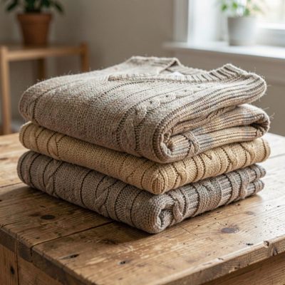 a folded stack of knitted jumpers on a table