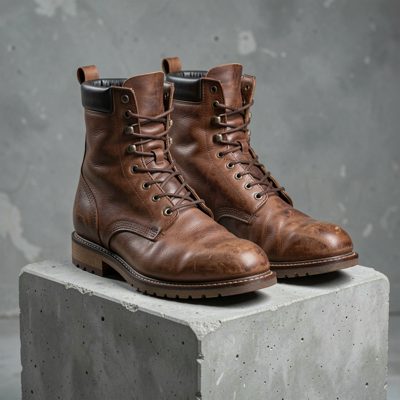 a pair of leather boots on a concrete plinth