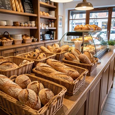 a bakery counter with breads in wicker baskets