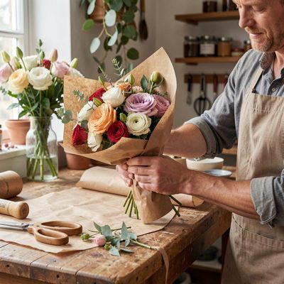 a florist wrapping a bouquet in brown paper