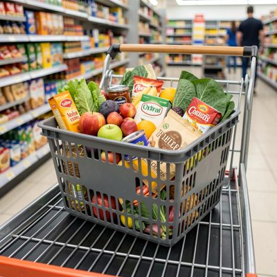 a shopping basket with groceries on a checkout belt
