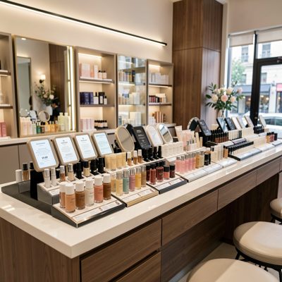 a cosmetics counter with testers arranged in rows