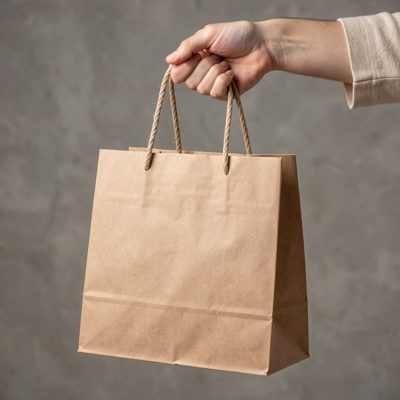 a hand holding a paper carrier bag with rope handles