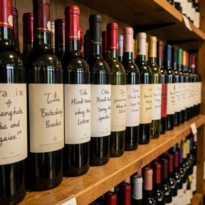 a shelf of wine bottles with handwritten labels