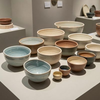 a display of ceramic bowls in graduated sizes