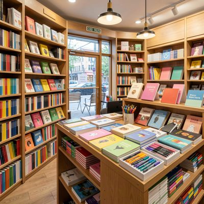 a stationery shop with notebooks and pens