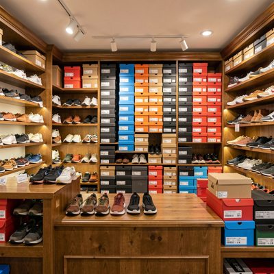 a shoe shop with boxes stacked behind the counter