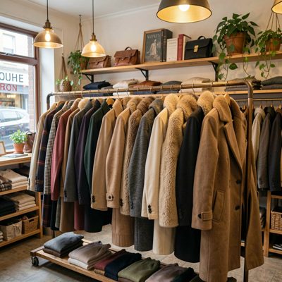 a rail of coats in a small independent shop