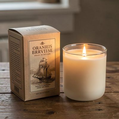 a candle burning beside its packaging