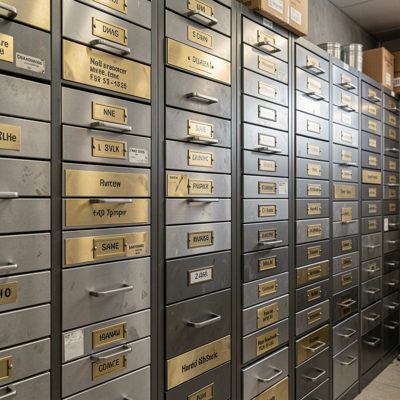 a hardware shop wall of drawers with brass labels