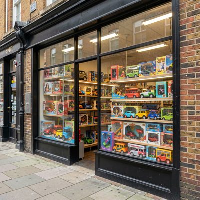 a toy shop window seen from the pavement