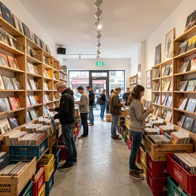a record shop with customers browsing crates